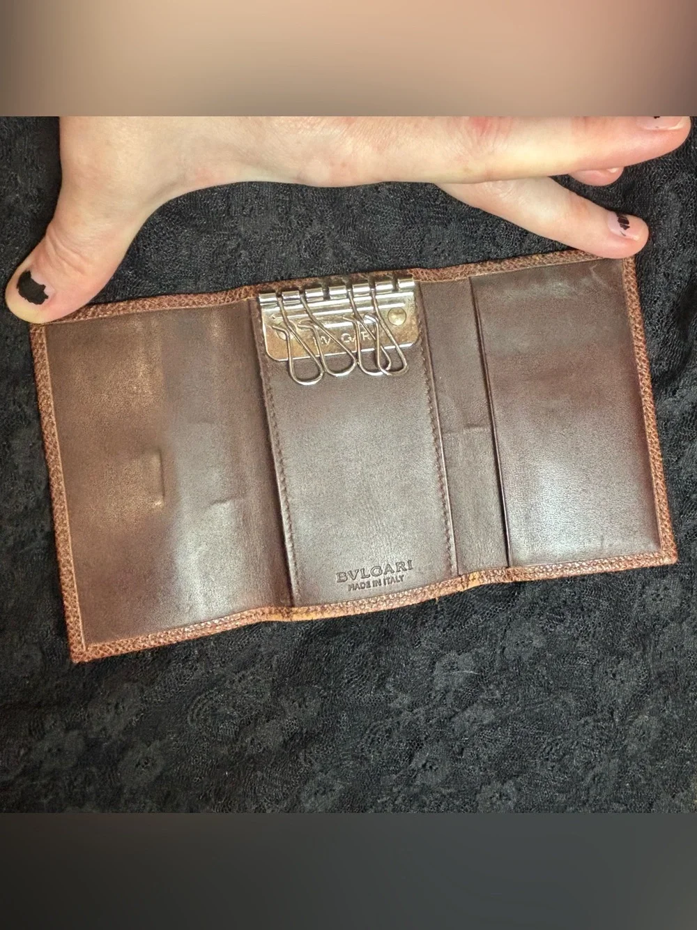 BVLGARI Logo Clip 6 Ring Key Case Brown Leather Trifold Made in Italy